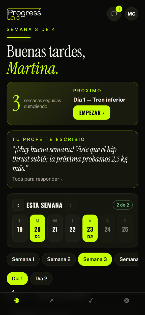 Pantalla de inicio de la app con la rutina del día